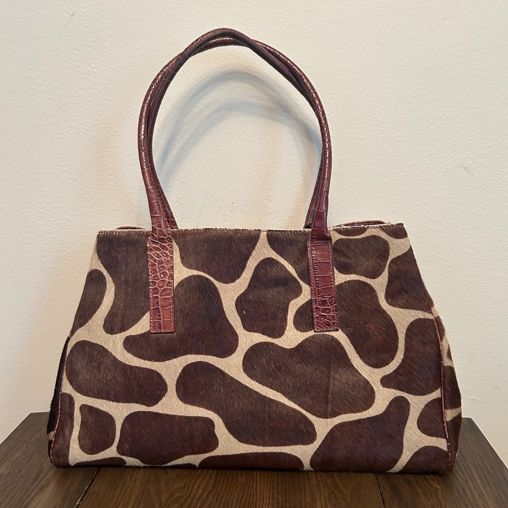 Maurizio Taiuti Giraffe Calf Hair Crocodile Embossed Leather Tote Bag Brown